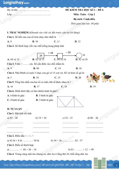 Đề kiểm tra học kì 1 Toán 2 Cánh diều - Đề số 16